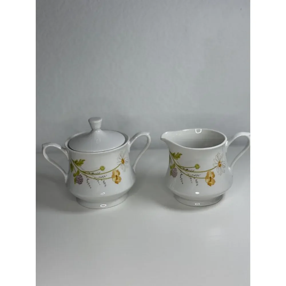 Vintage Mikasa Heather L5005 Fine China Sugar Bowl and Creamer Set, Gold Floral